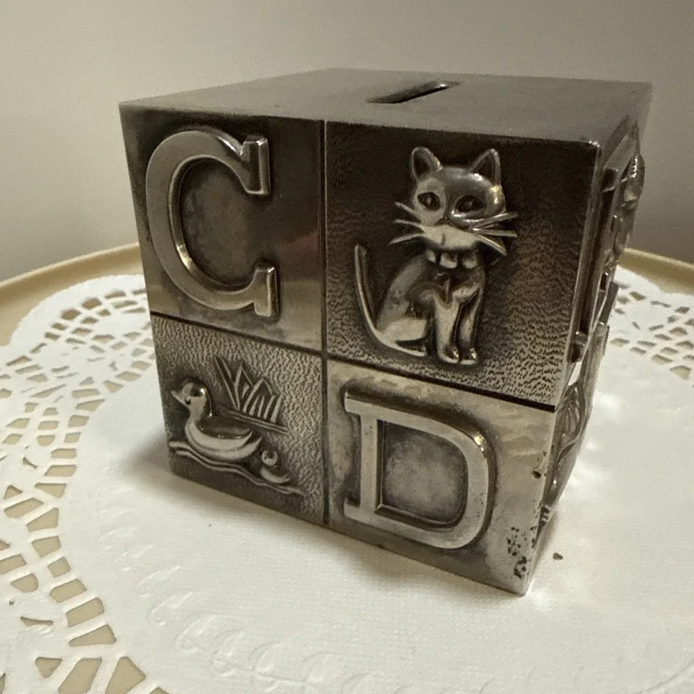 Godinger Silver ABC Block Piggy Bank Cube Nursery Baby Keepsake Metal